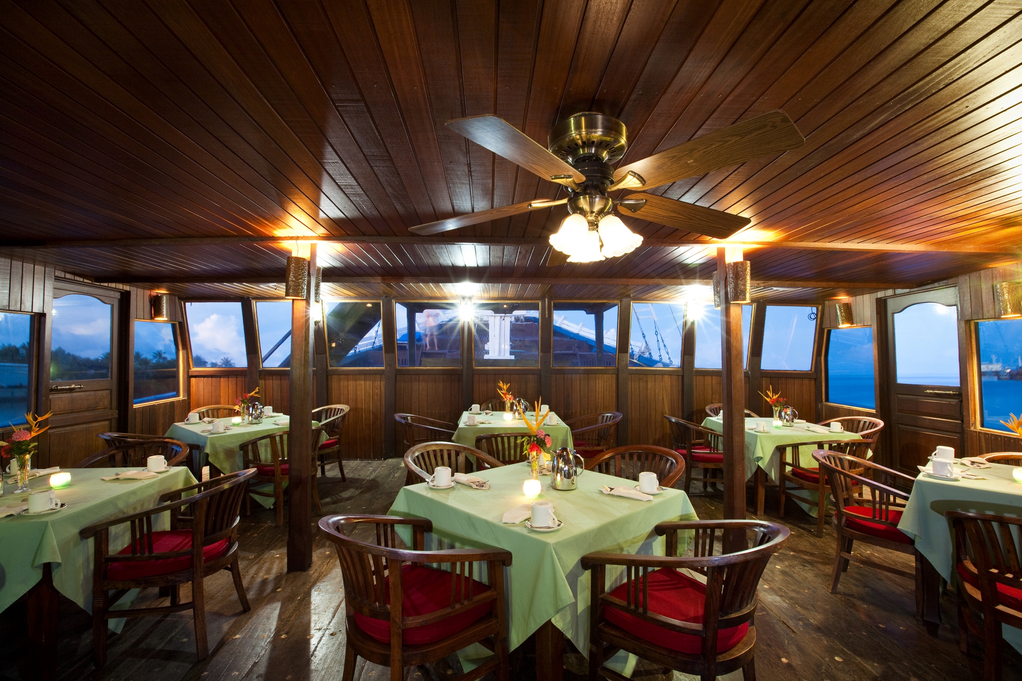 Mnew Restaurant - old wooden sailing vessel.  Manta Ray Bay Resort