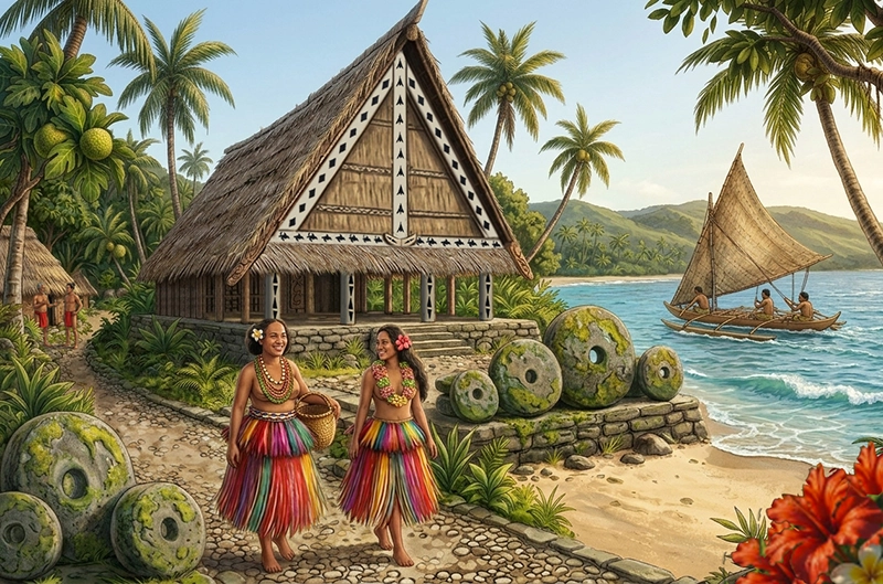 traditional Yap meeting house with stone money, and traditional Yapese sailing canoe (AI generated image)